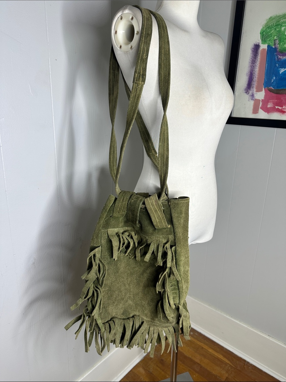 Vintage 70s Genuine Green Suede Hippy Boho Handmade Fringe Bag